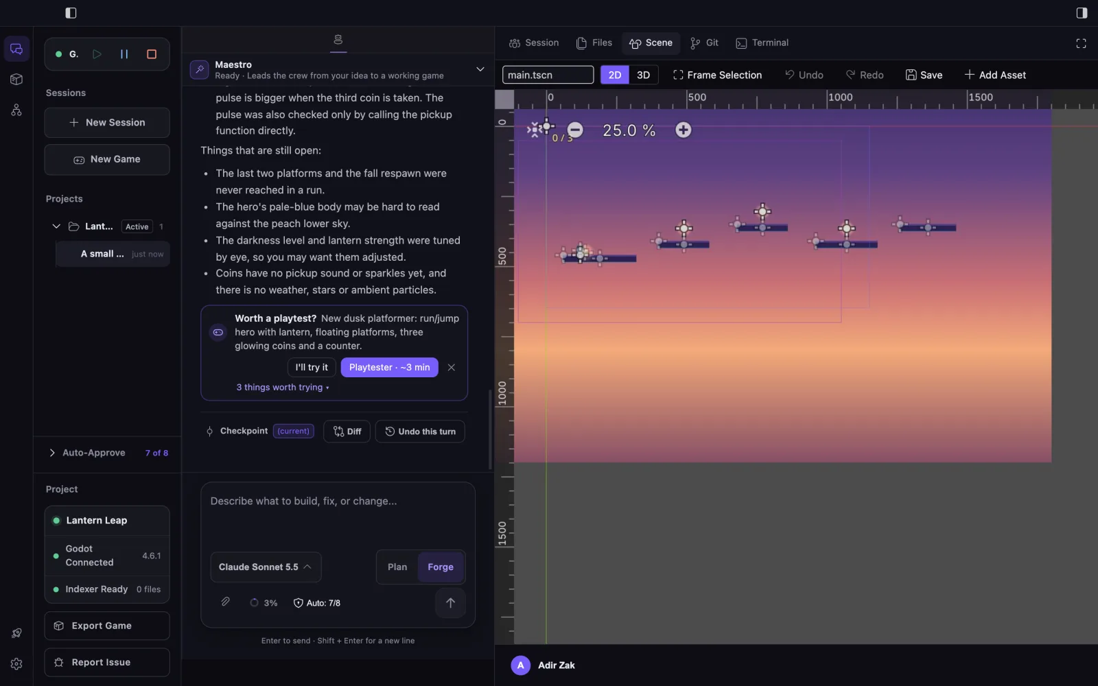 EngineForge Cockpit with a managed Godot 4.6.1 game open in the Scene view: a dusk-colored 2D platformer level with floating platforms, next to the chat with the Crew.