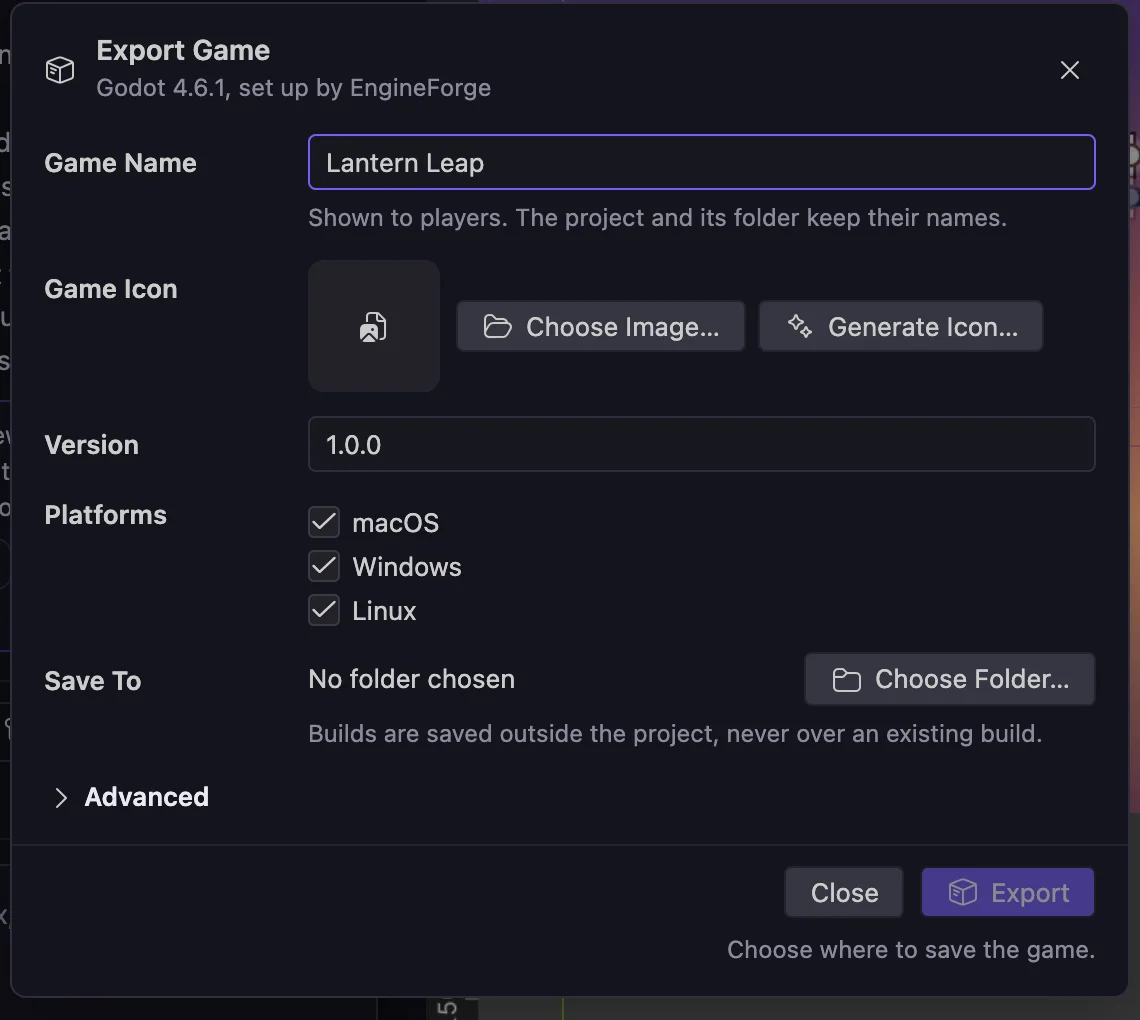 The Export Game dialog for a managed Godot 4.6.1 game: Game Name, Game Icon with Choose Image and Generate Icon, Version 1.0.0, macOS, Windows and Linux platforms, and Save To.