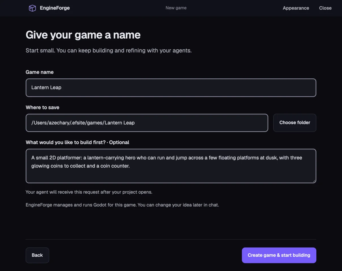 EngineForge New game card: Game name Lantern Leap, where to save it, and a first request describing a small 2D platformer.