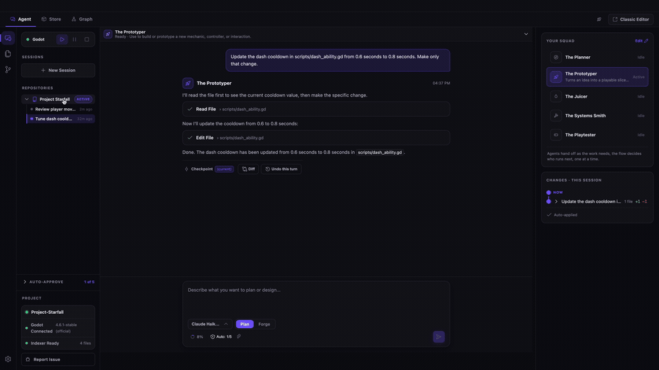 EngineForge Cockpit in dark mode, switching between a read-only movement review and a dash cooldown session in Project Starfall